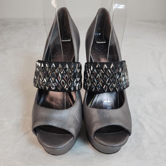 Glam Goth Platform Heels 6.5 Silver Gunmetal Metallic Studded Peep Toe Mary Jane - Picture 4 of 12